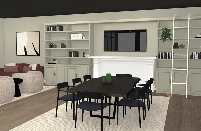 The Kendrick clubroom with TV and coworking/dining tables