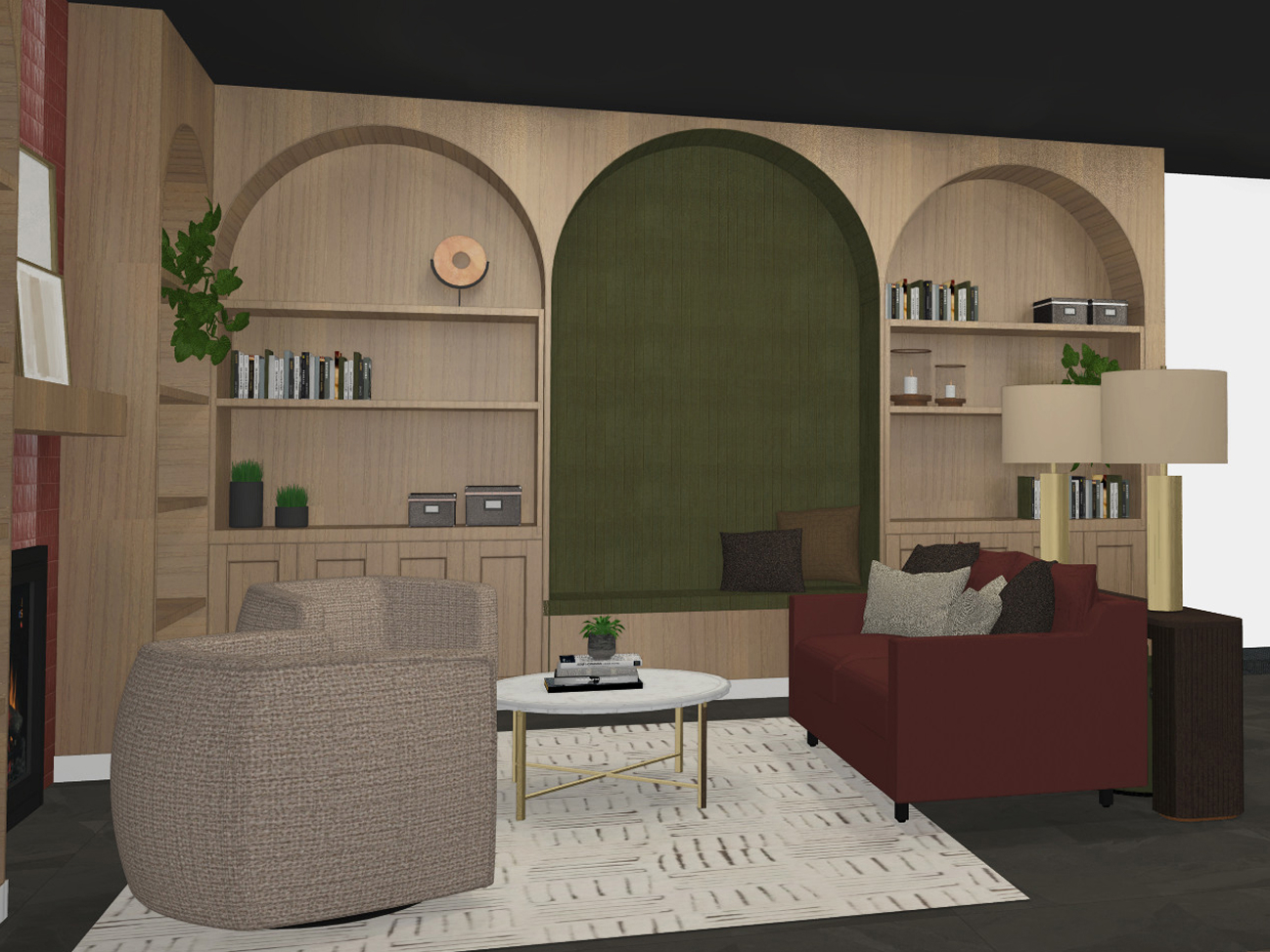 The Kendrick clubroom with shelves and plush seating